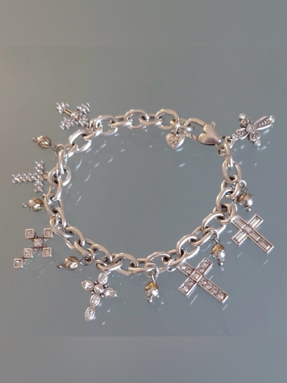 ⛪️ BRIGHTON VTG+ Signed SLVR  SWAROVSKI CRYSTAL Cross Charm Bracelet 8"